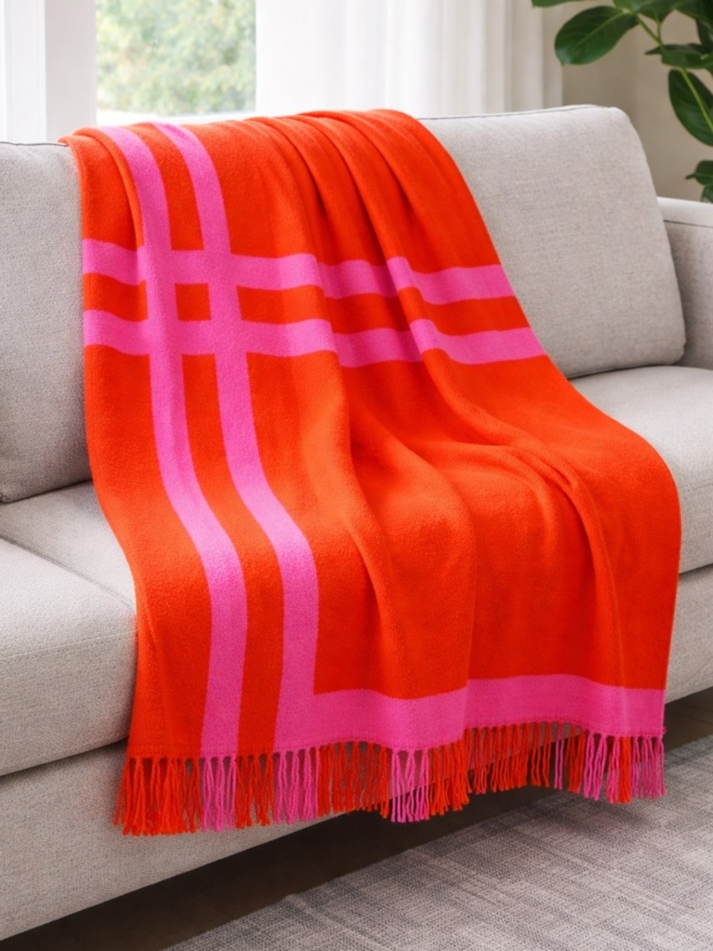 Kate Spade Throw Blanket Orange Red Pink Stripe Fringe 60x70